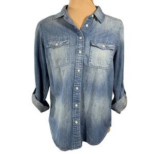 New Talbots Petite Shirt Denim Button Front Faded Roll Tab SP Small Petite